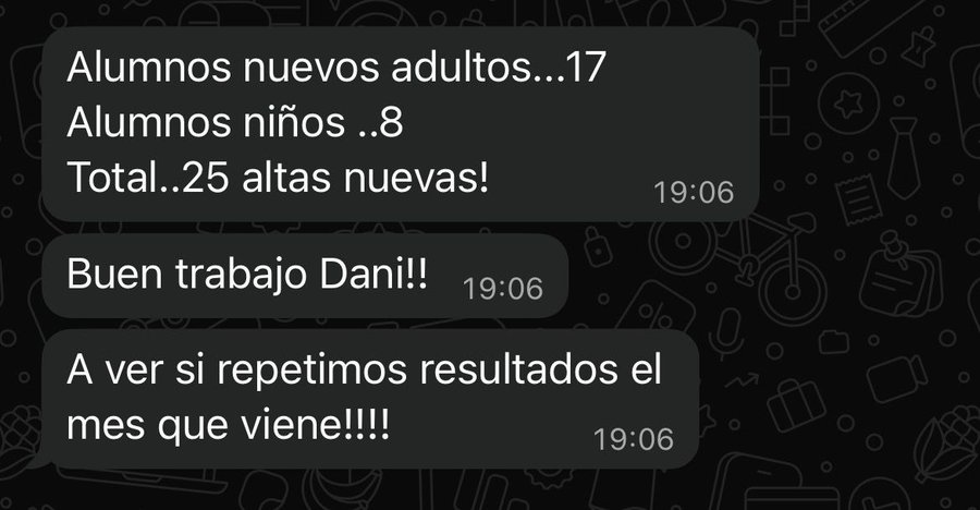 Mensaje de Víctor confirmando 25 altas en un mes en Drills