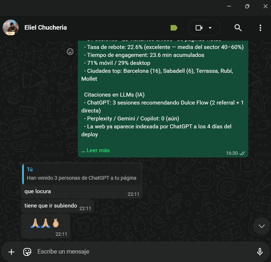 Mensaje de Eliel, fundadora de Dulce Flow, sobre clientes referidos por ChatGPT